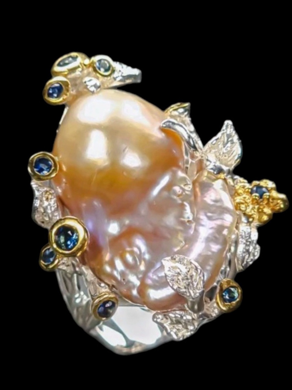 HOLD DEBORAH Genuine AA+ Baroque Pearl & Sapphire Ring